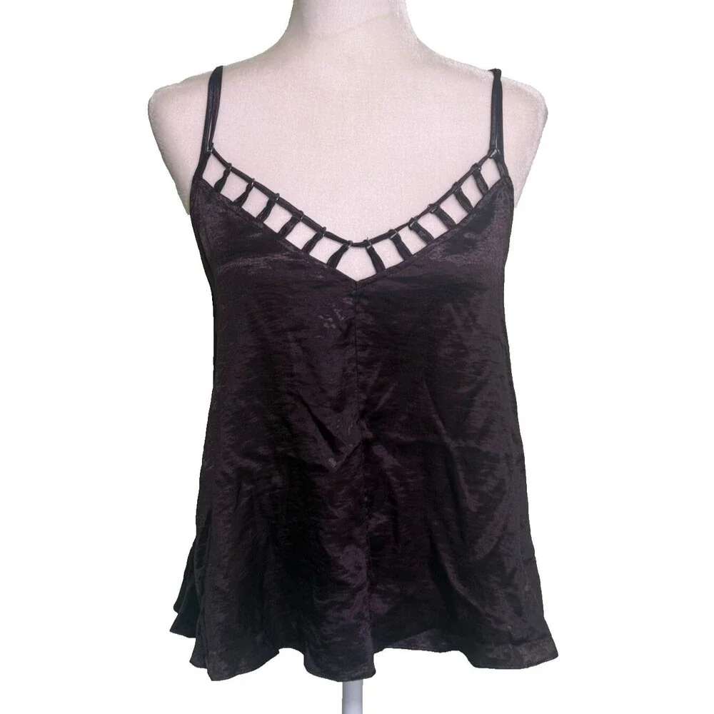 Free People Women's Y2K Black Satin Strappy Back Cami Tank Indie Sleaze Goth Sm‎